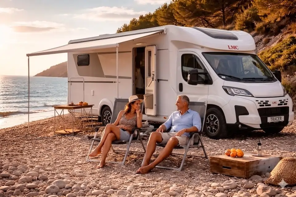 LMC motorhome op een kiezelstrand